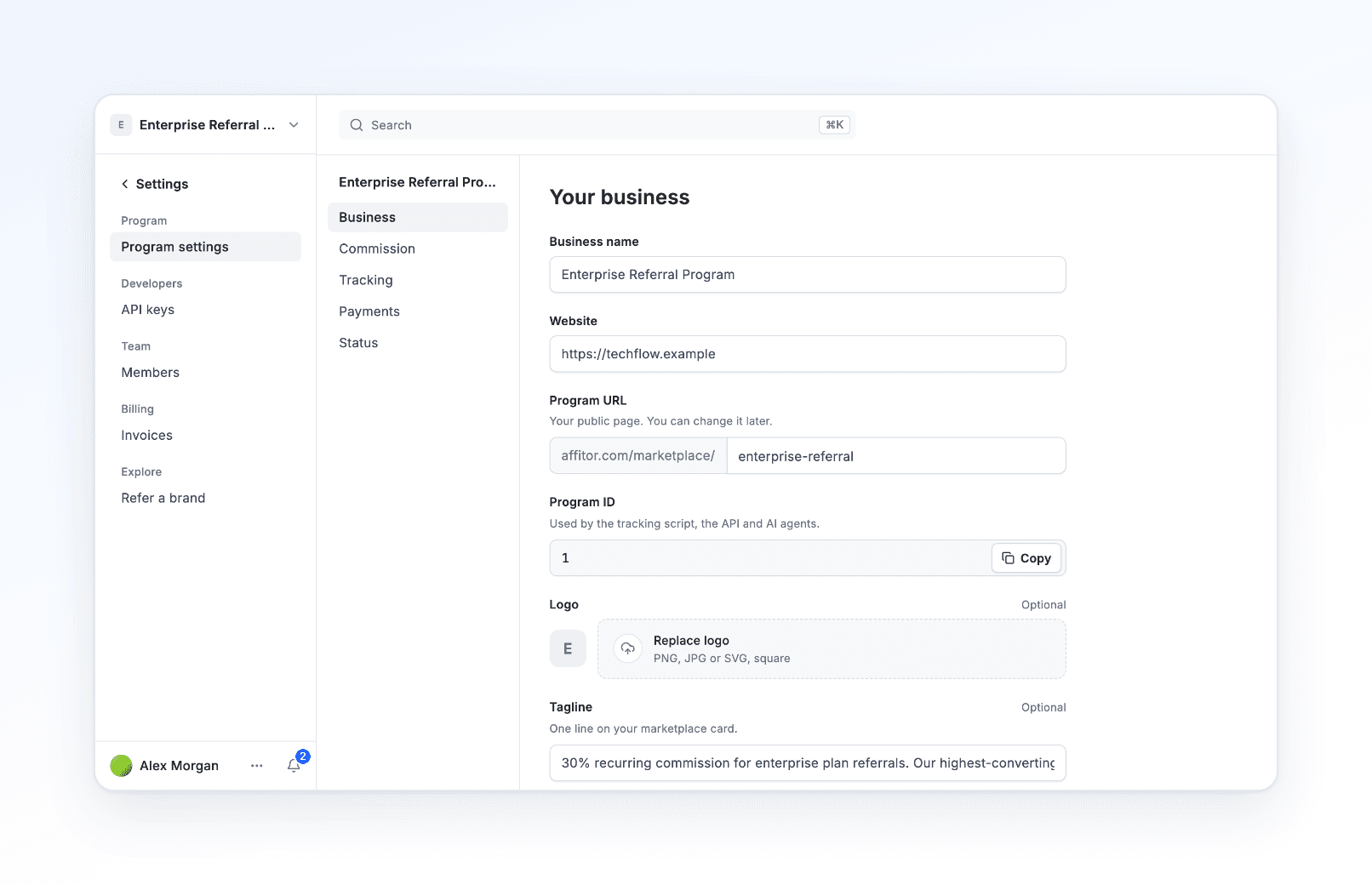 Settings for one program: the left menu with Program settings selected, its pages Business, Commission, Tracking, Payments and Status beside it, and the Business form on the right